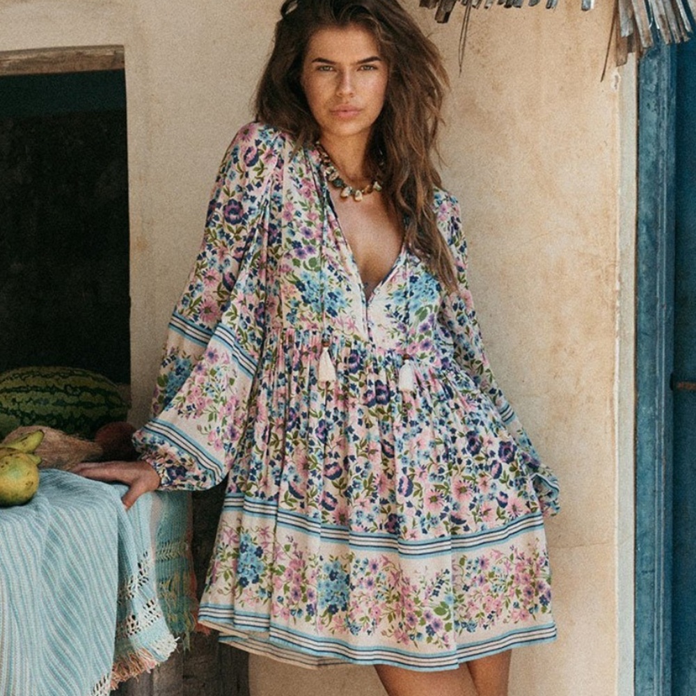 Spell Blue and Brown Ruffled Tiered Sundress
